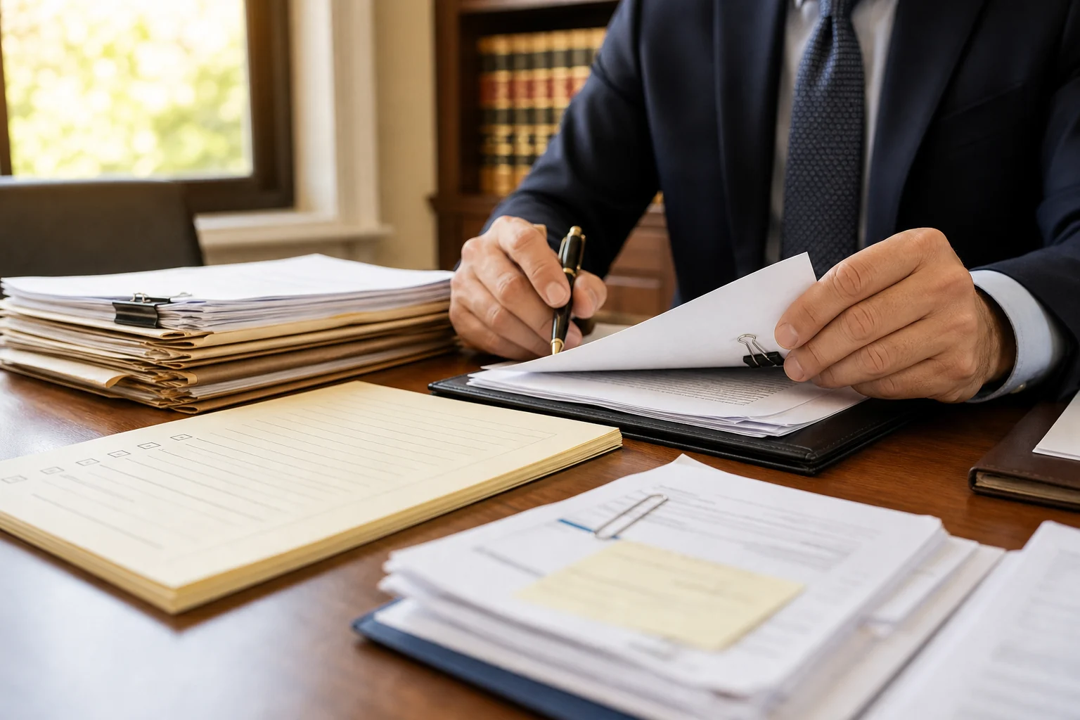 An attorney sorting medical bills lien notes and insurance correspondence