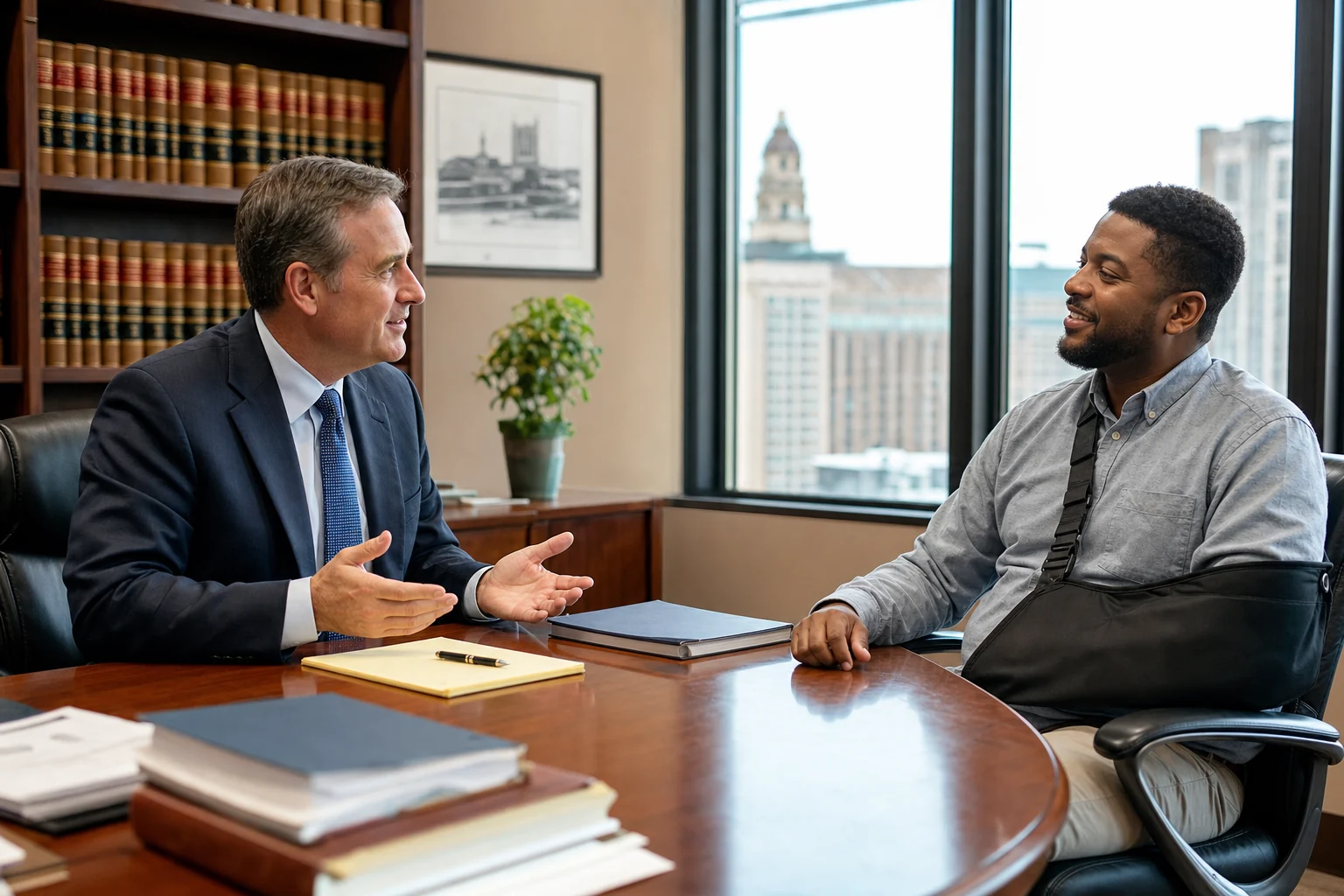 A client in a sling meeting with an attorney during a free consultation