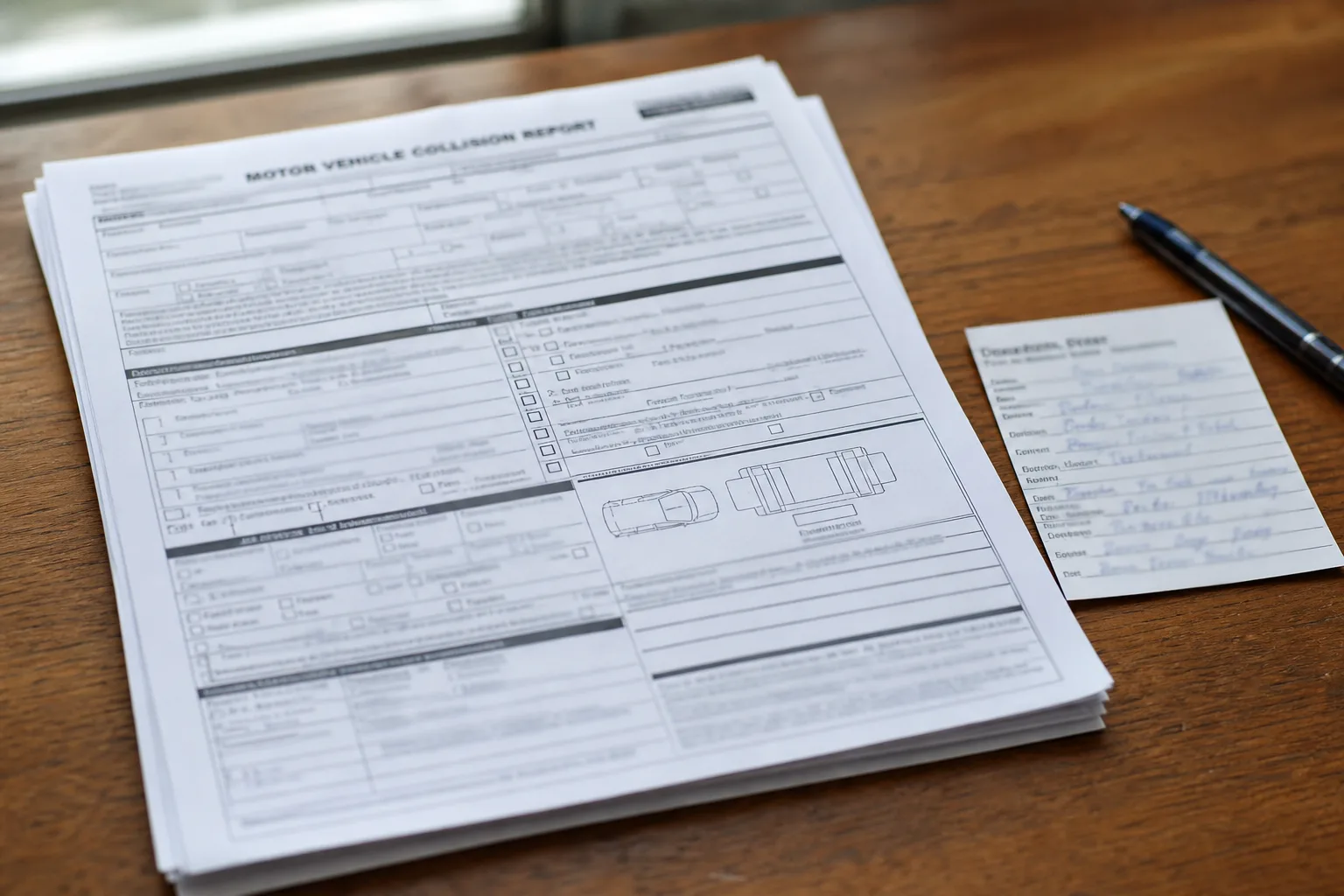 Printed Indiana crash report and officer information card on a table