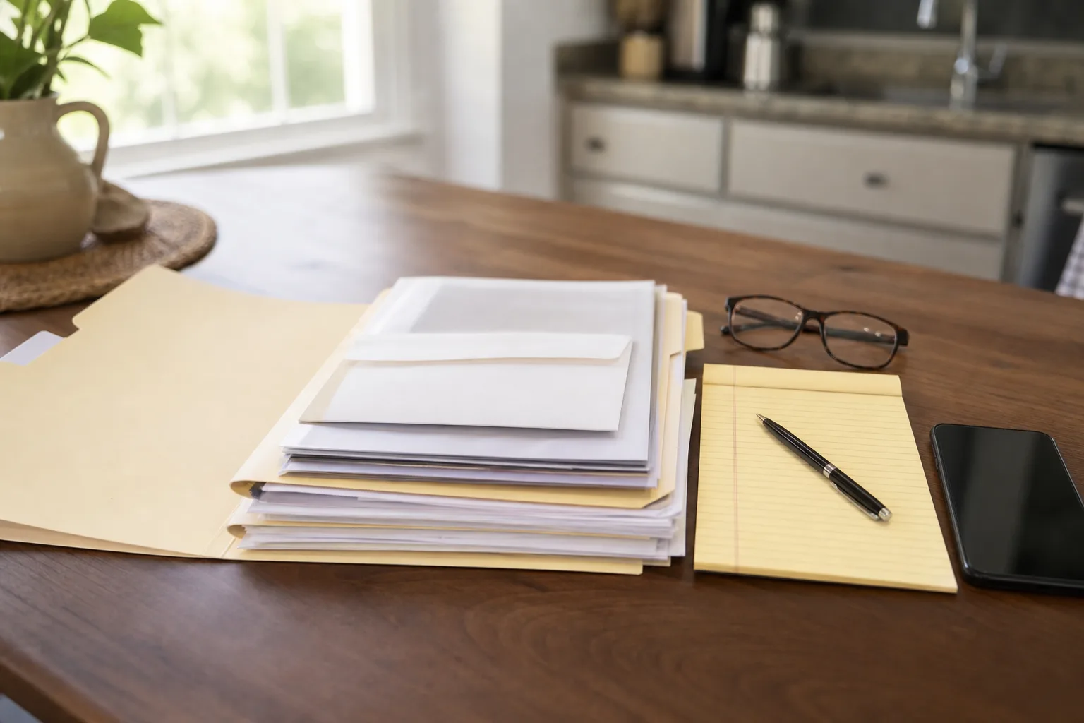 Folder of documents and insurance paperwork organized for a car accident claim