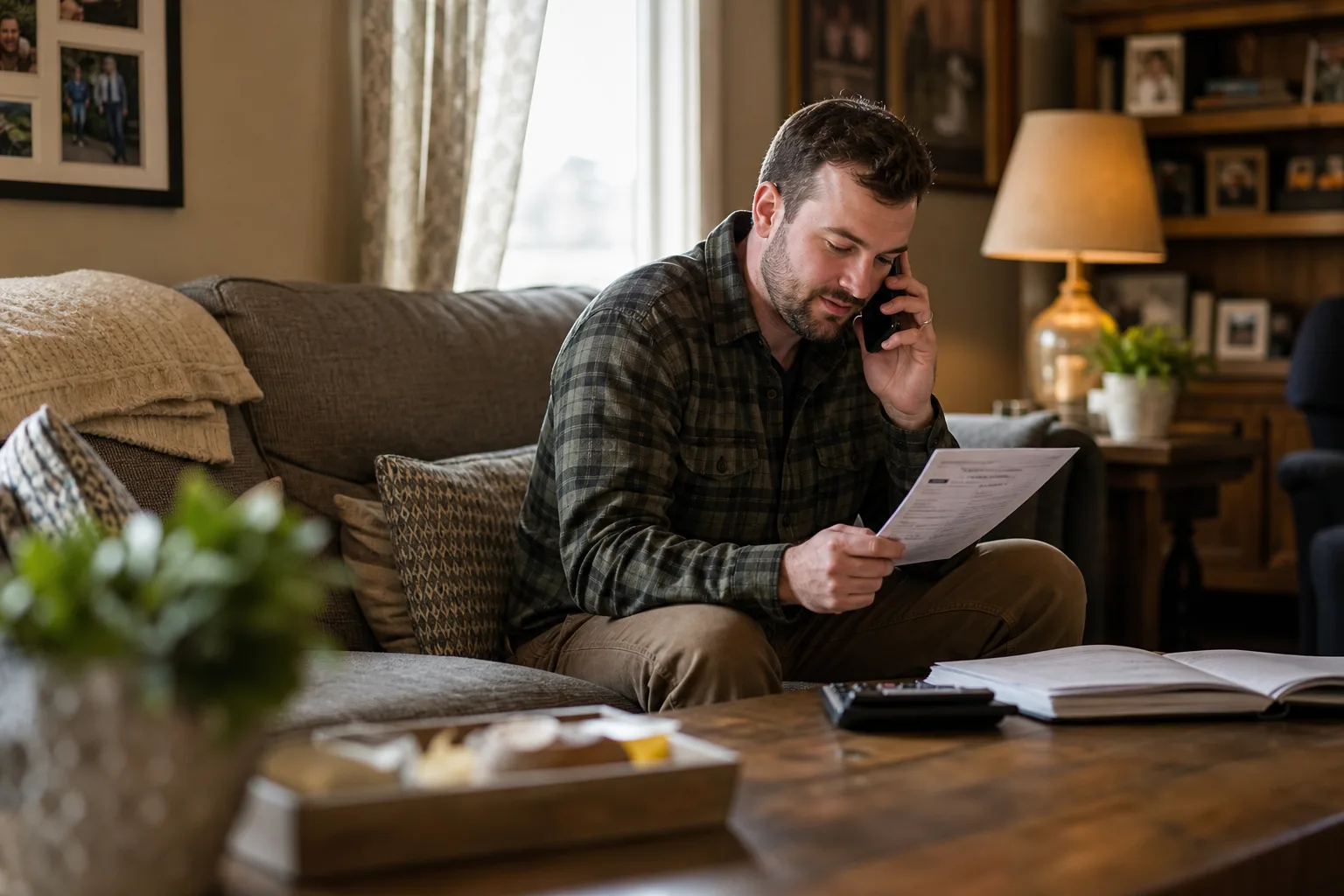 Person calling for help about an Indiana injury claim while holding crash paperwork