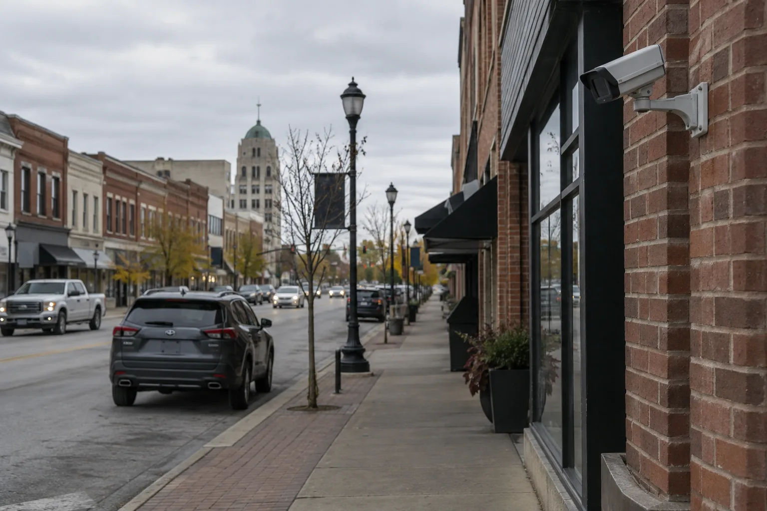 Business security camera facing a roadway near Fort Wayne