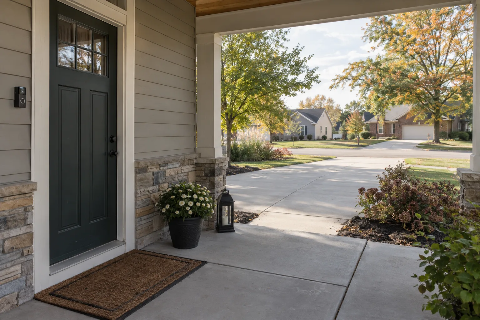Doorbell camera beside a home entrance facing an Indiana street