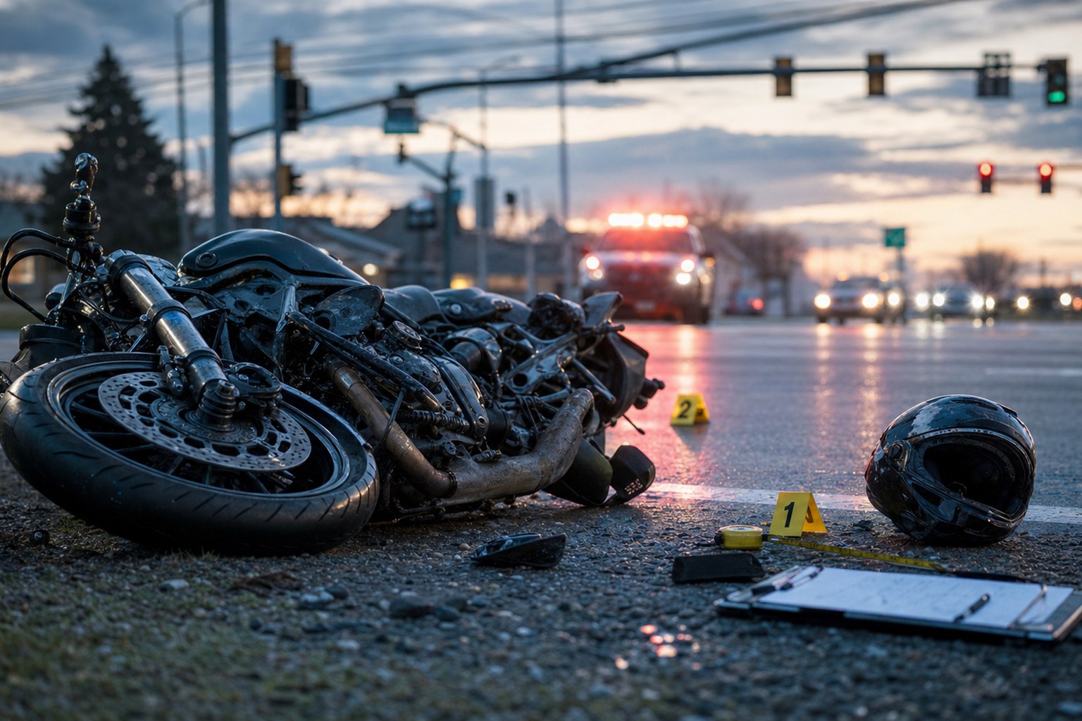 Damaged motorcycle and crash-scene evidence after a Fort Wayne motorcycle accident