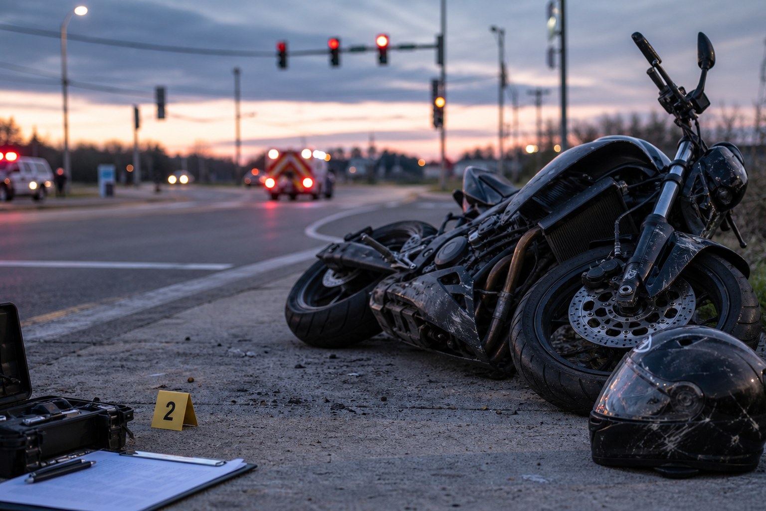Motorcycle crash scene evidence being preserved near an Indiana intersection