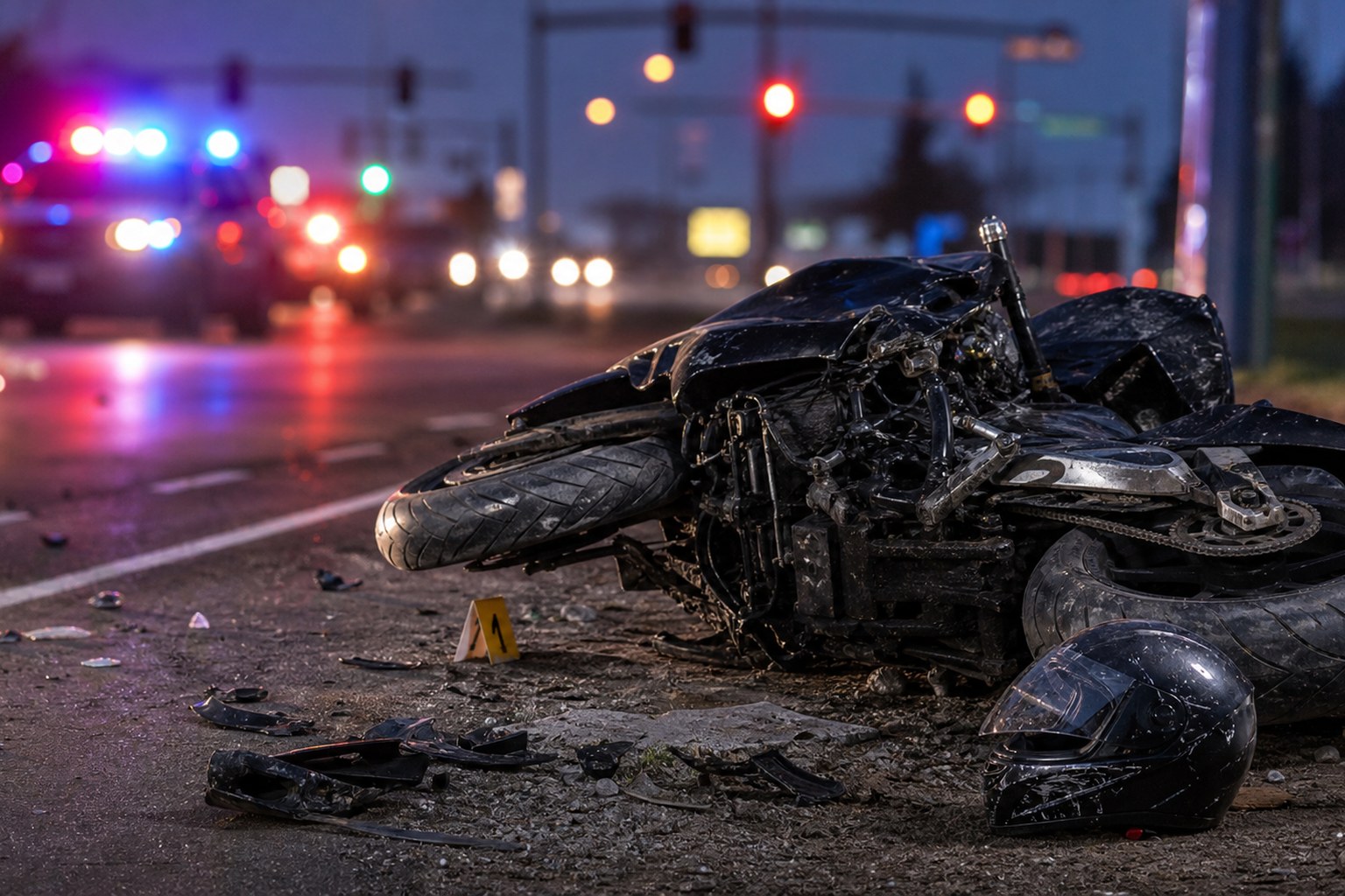 Roadway and vehicle evidence after a motorcycle accident in northeast Indiana