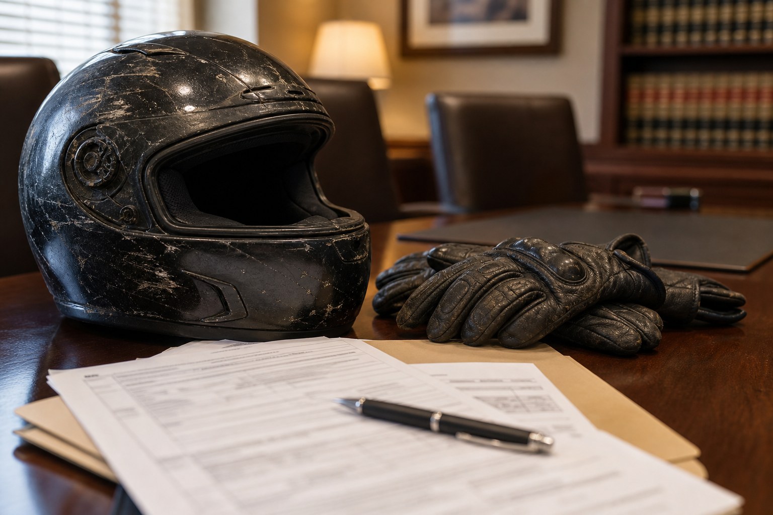 Motorcycle helmet and riding gear preserved as evidence after a crash