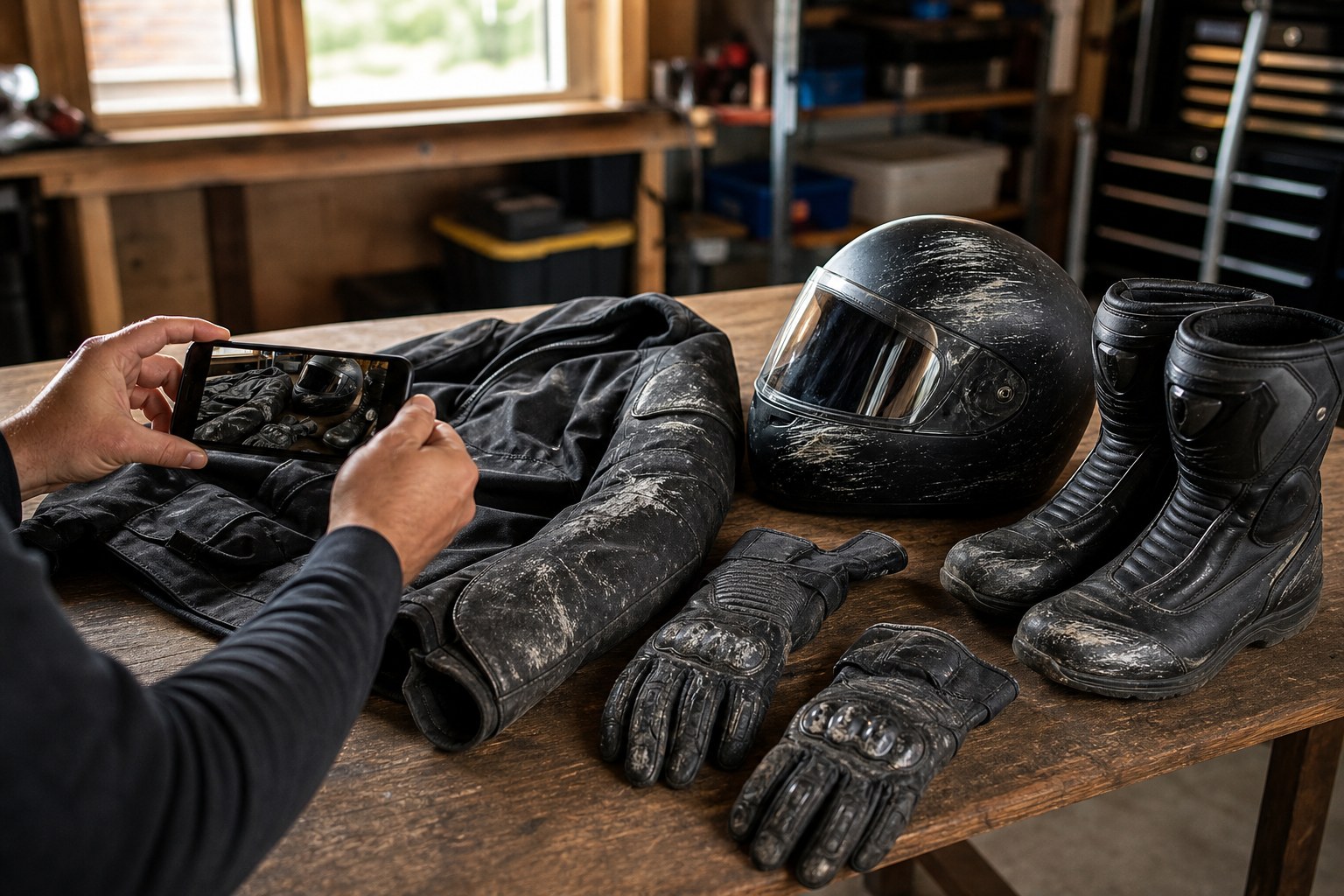 Motorcycle gear laid out for evidence documentation after an injury claim