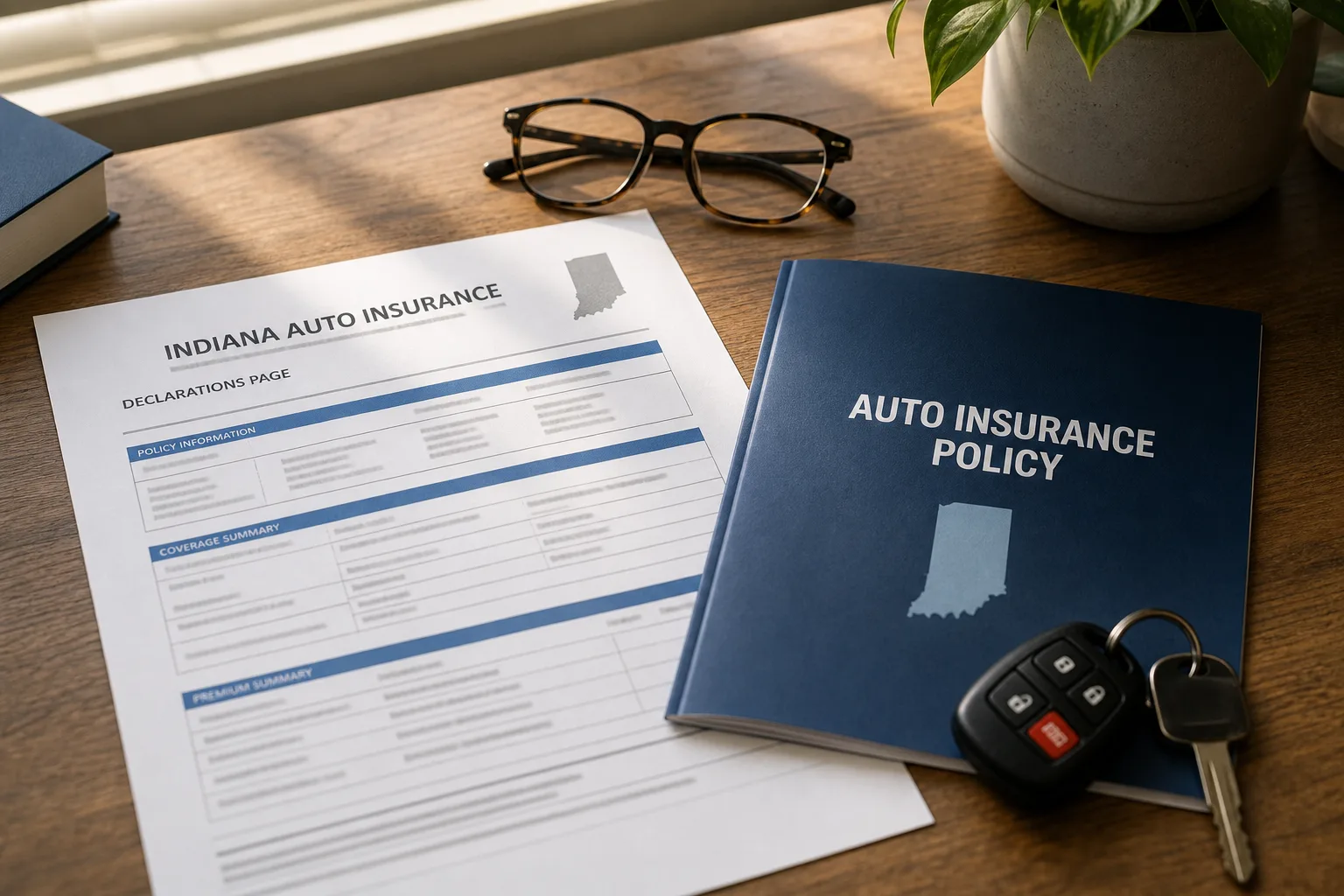Auto insurance policy documents and car keys on a desk