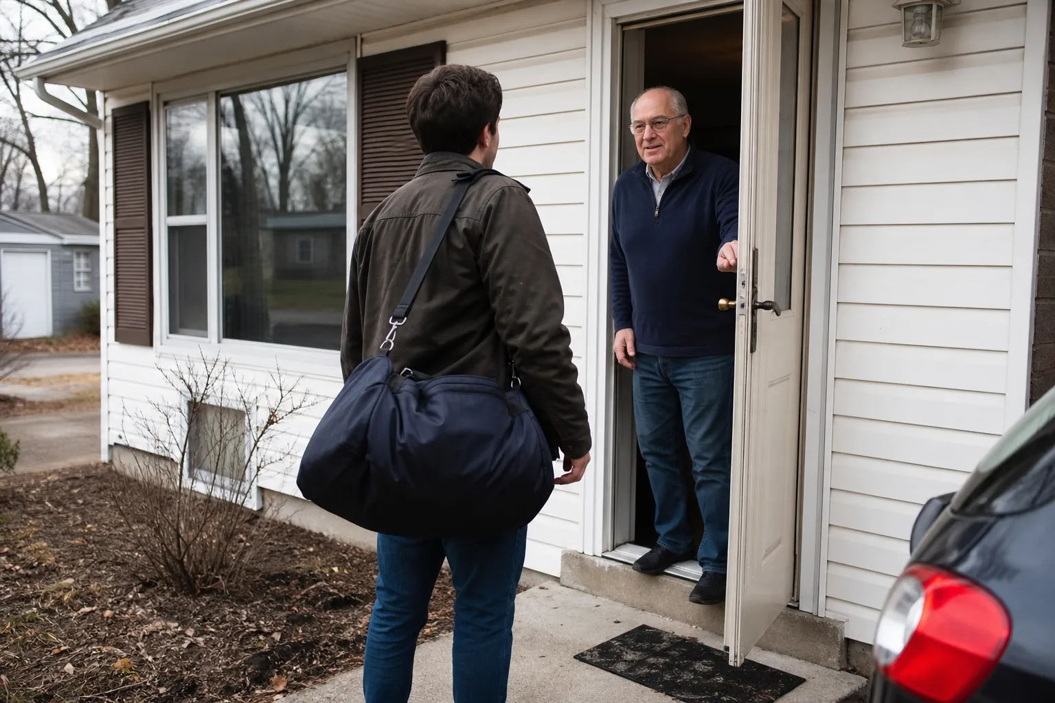Adult child arriving with a travel bag at a family home in northeast Indiana