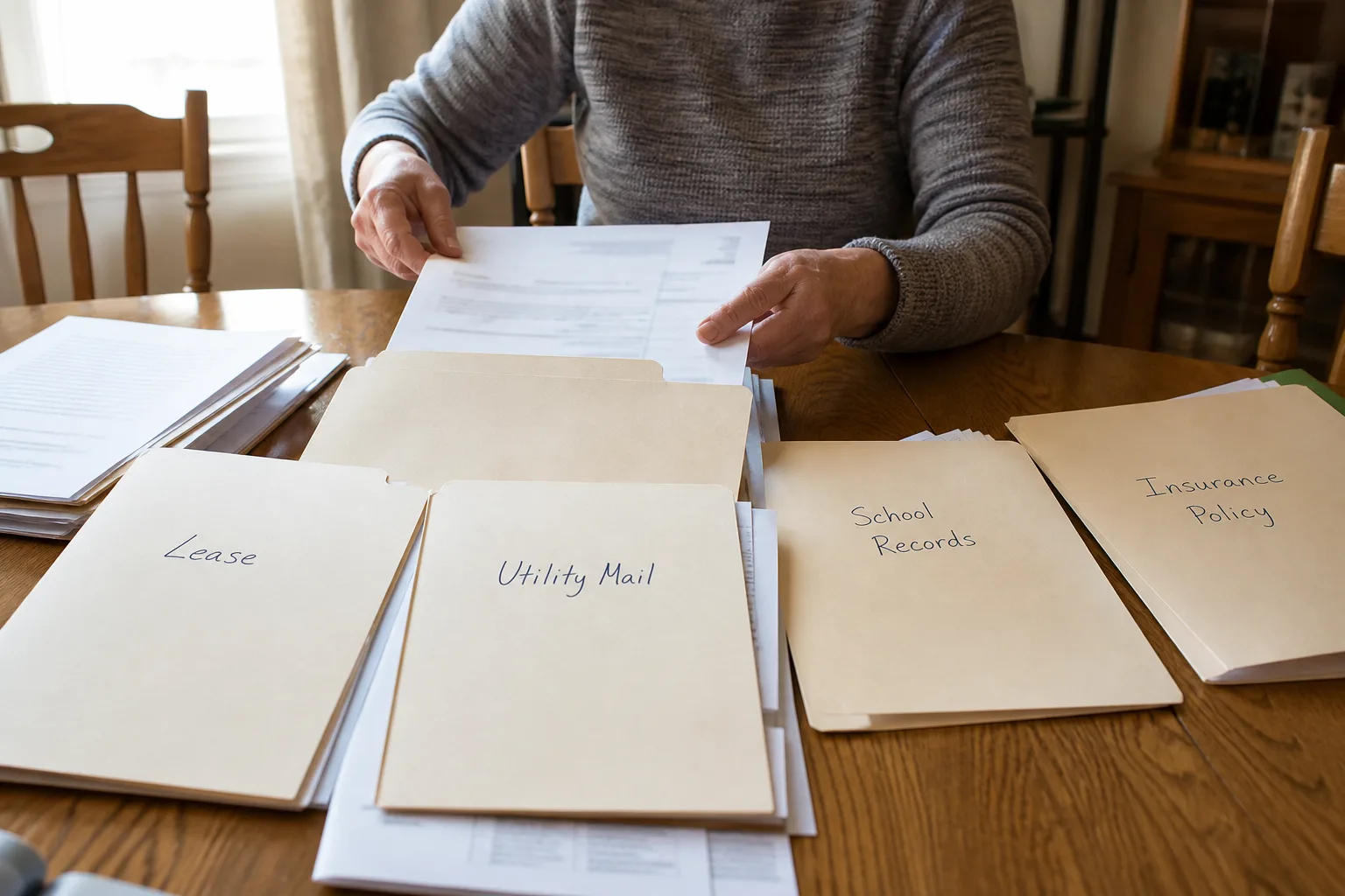 Household and insurance records being organized on a dining table