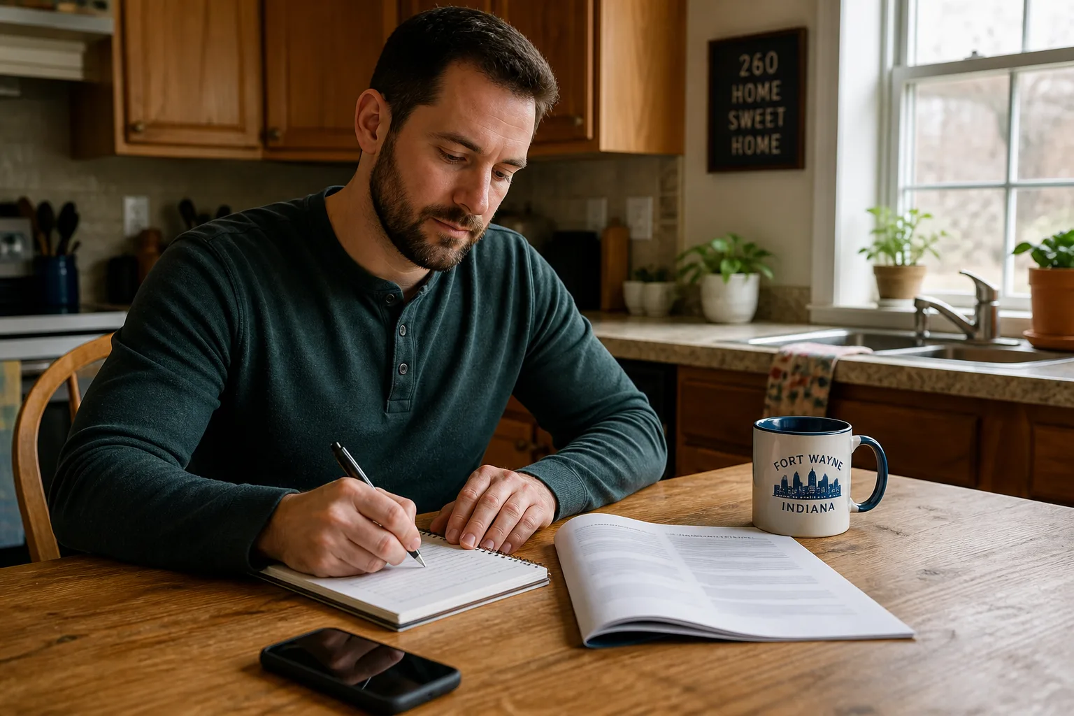 Person taking notes while reviewing an auto insurance policy at home