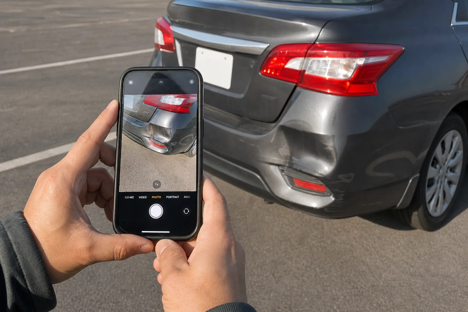 A person photographing vehicle bumper damage with a smartphone to document evidence after a crash