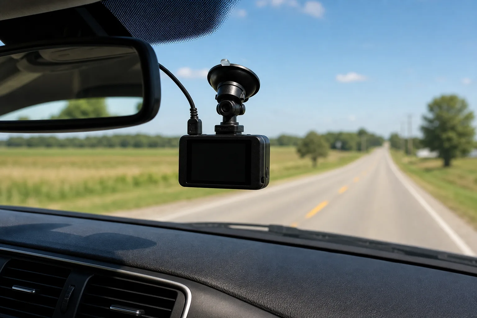 A dashcam mounted on a windshield recording the road, a key source of fault evidence
