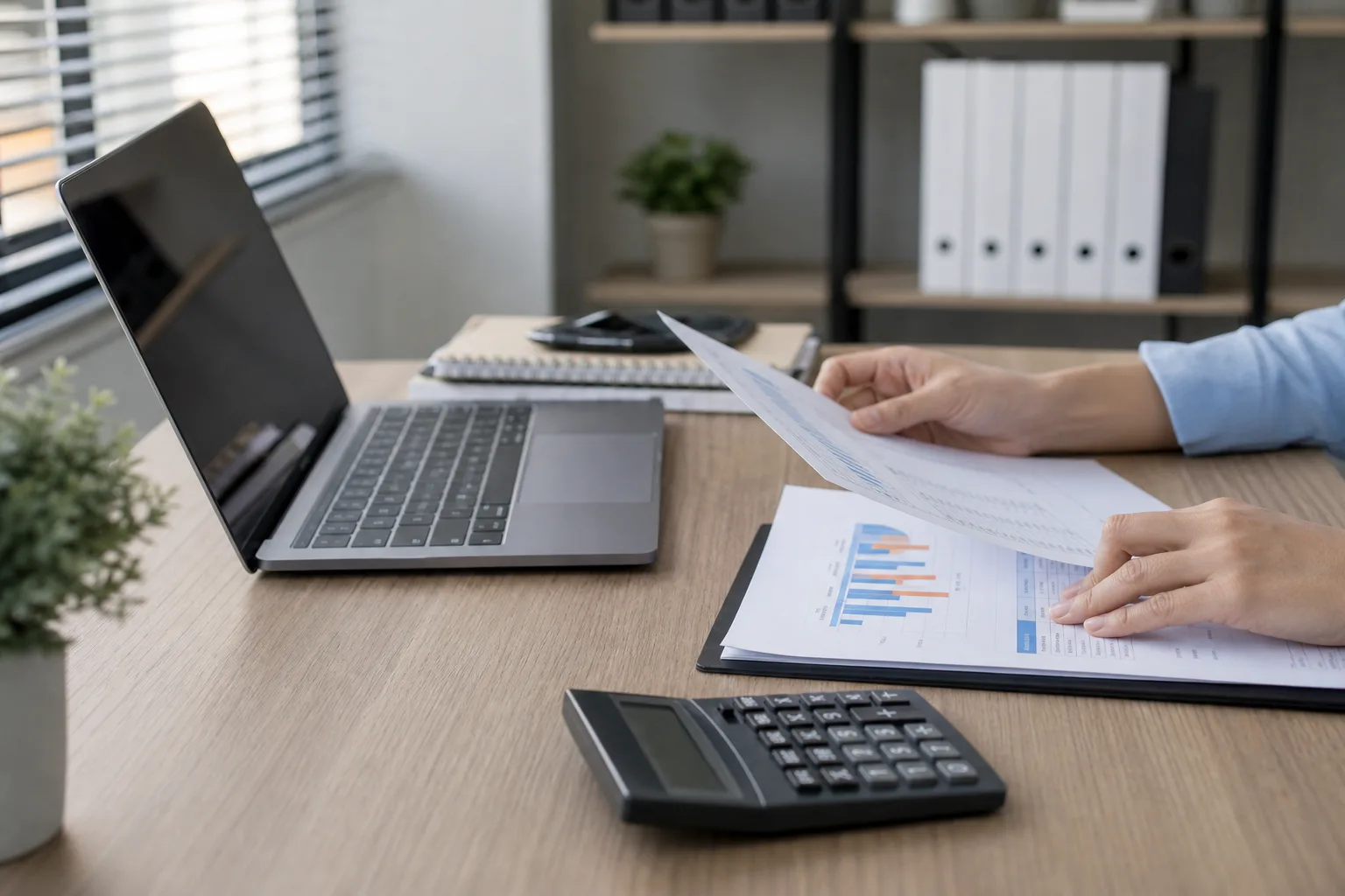 Documents and a laptop on a desk as a claim file is reviewed to assign fault percentages