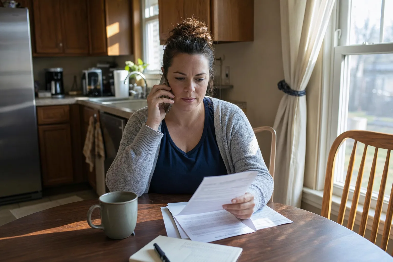 A person at home reviewing paperwork and calling for a consultation after an insurer disputes fault