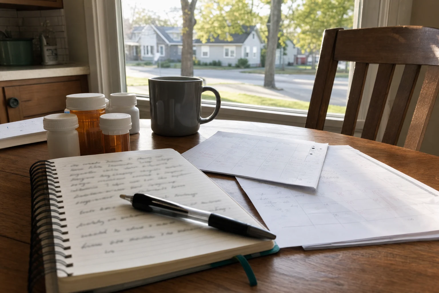 Calendar and journal pages documenting daily pain after an Indiana car accident