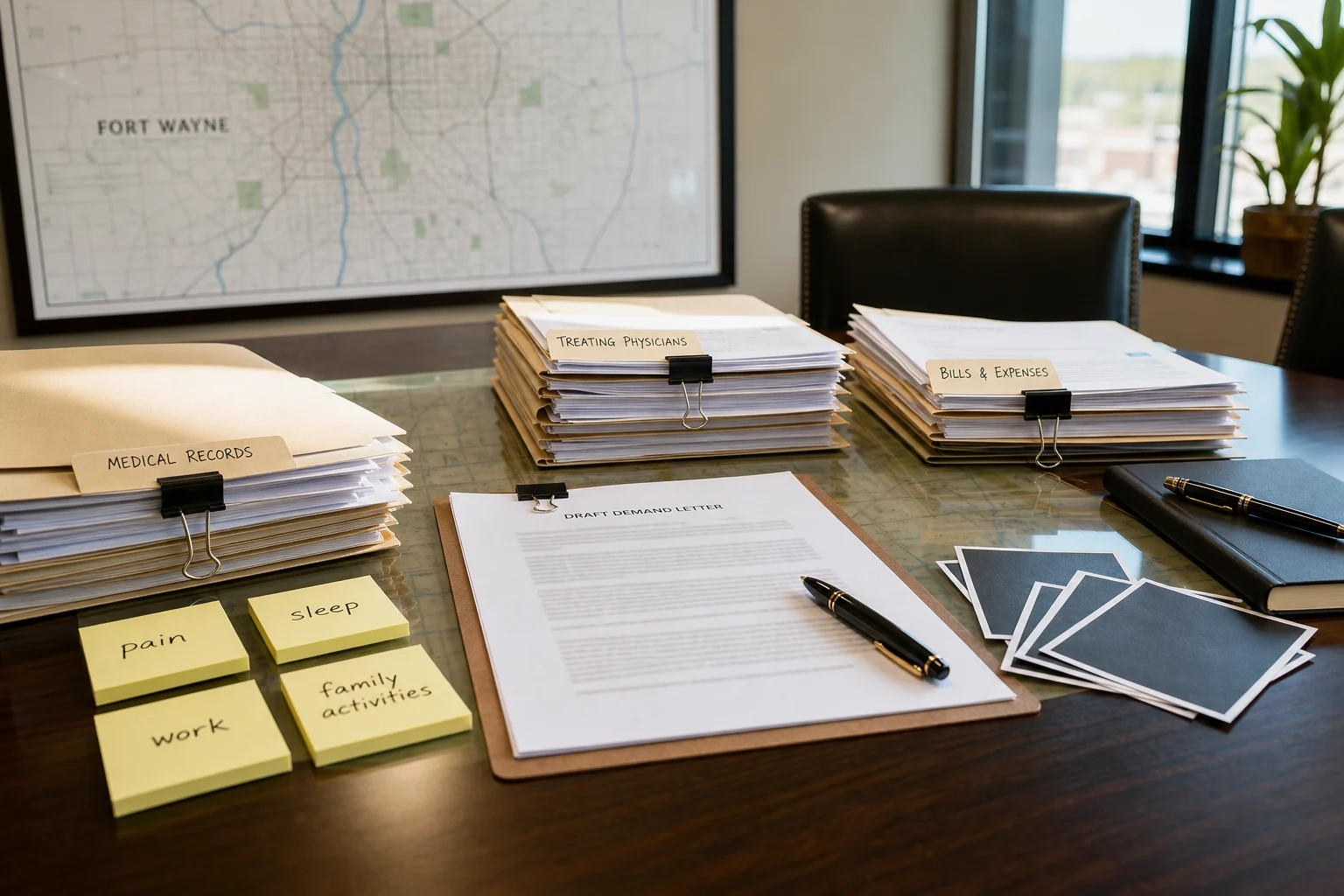 Attorney review table with medical records and settlement demand materials