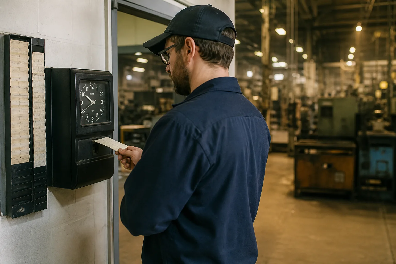 Factory worker recording the end of an overtime shift