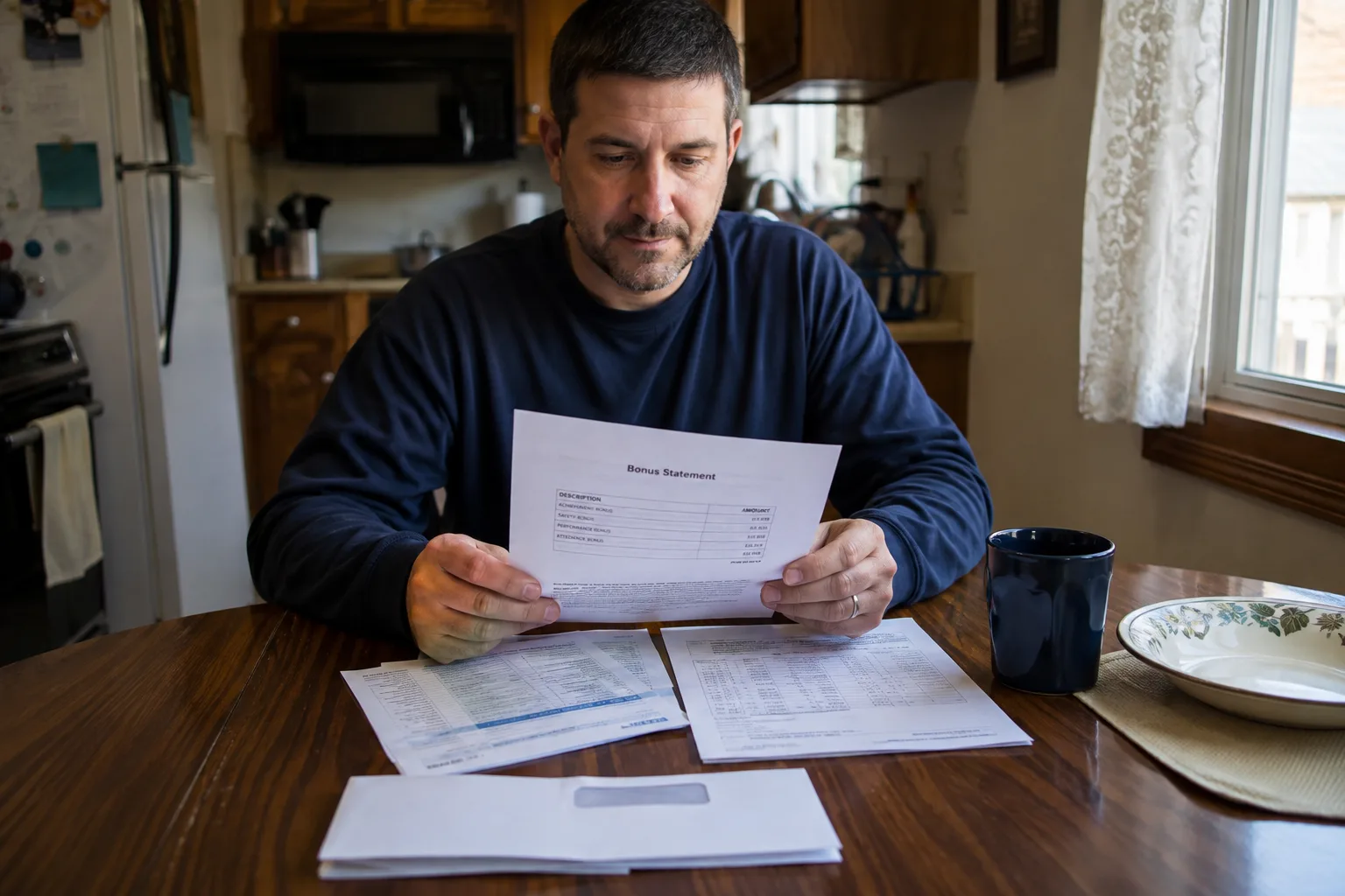 Worker comparing a bonus statement with regular pay records