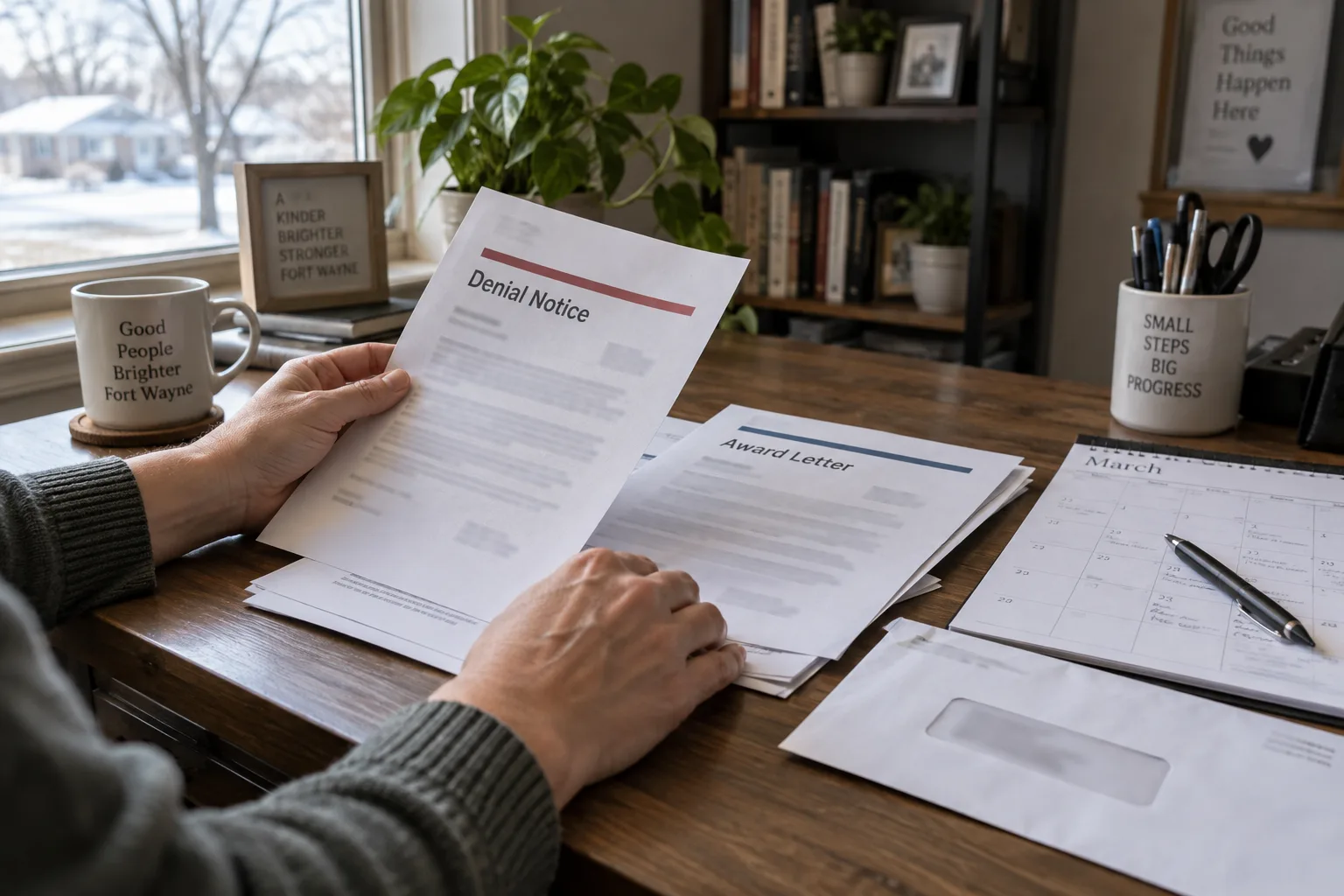 Worker organizing an award, envelope, and calendar on a desk