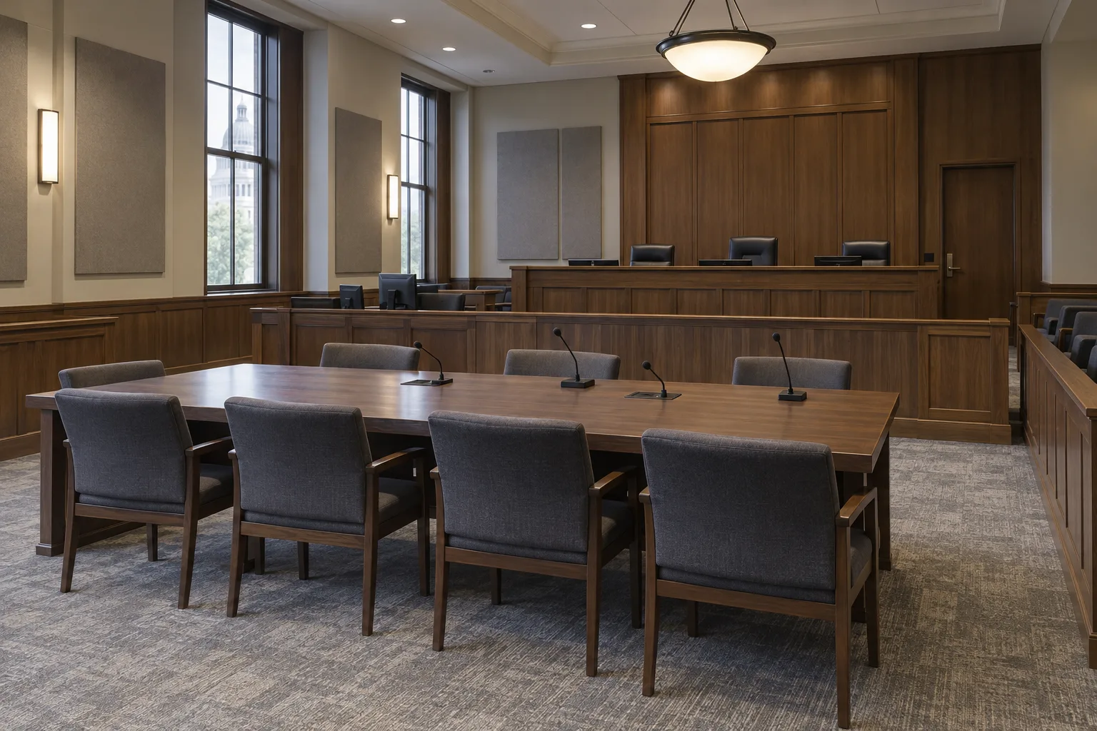 Empty administrative hearing room prepared for a formal review