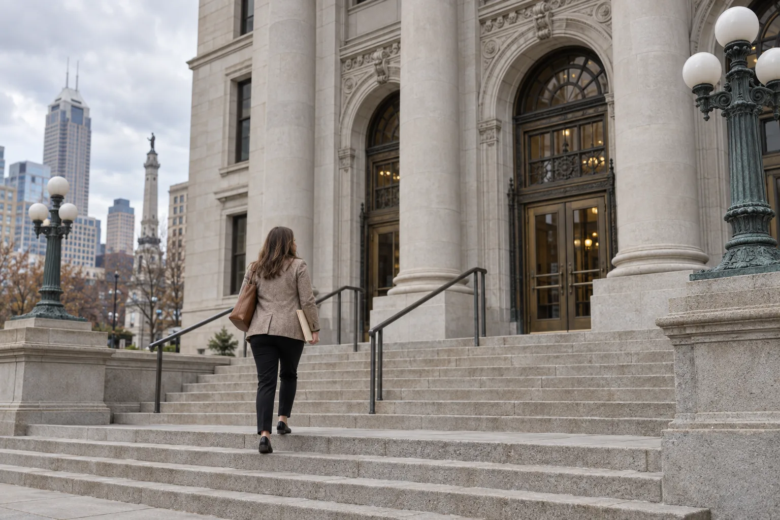 Person carrying an appeal file toward an Indiana government building