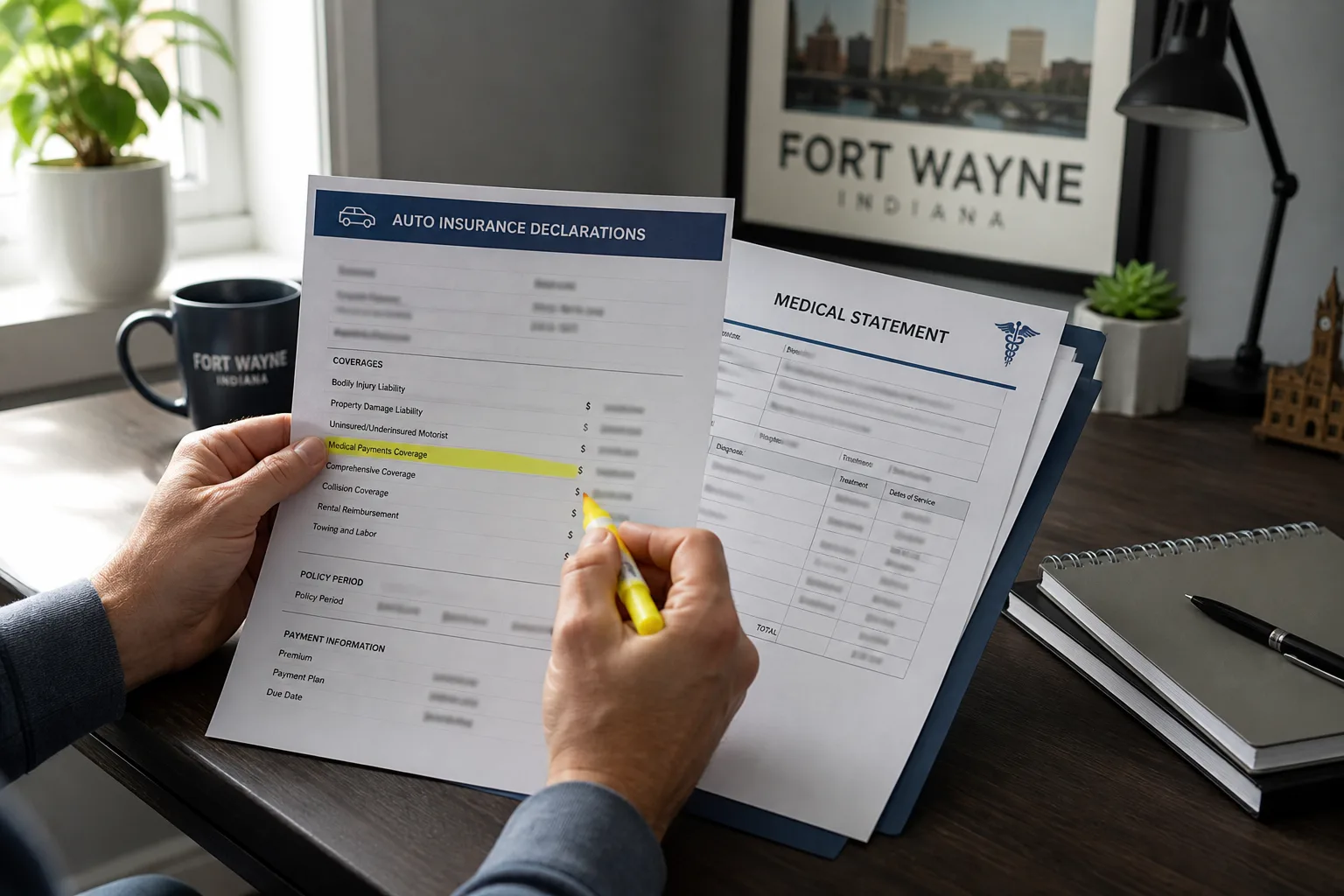 Hands comparing MedPay coverage on an auto policy with a medical statement