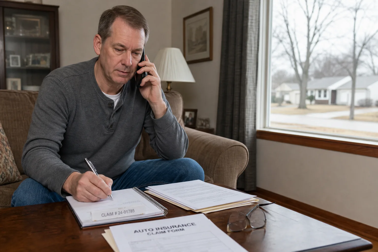 Indiana passenger reviewing an auto policy and taking notes