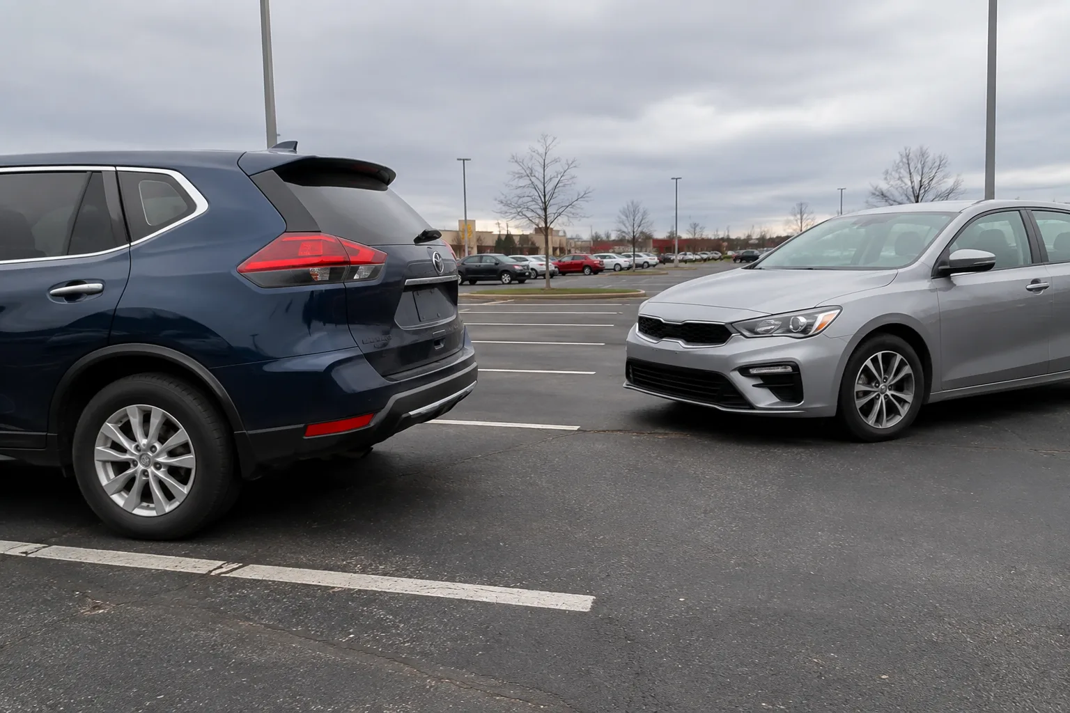 Two stationary vehicles positioned near a parking-space aisle.
