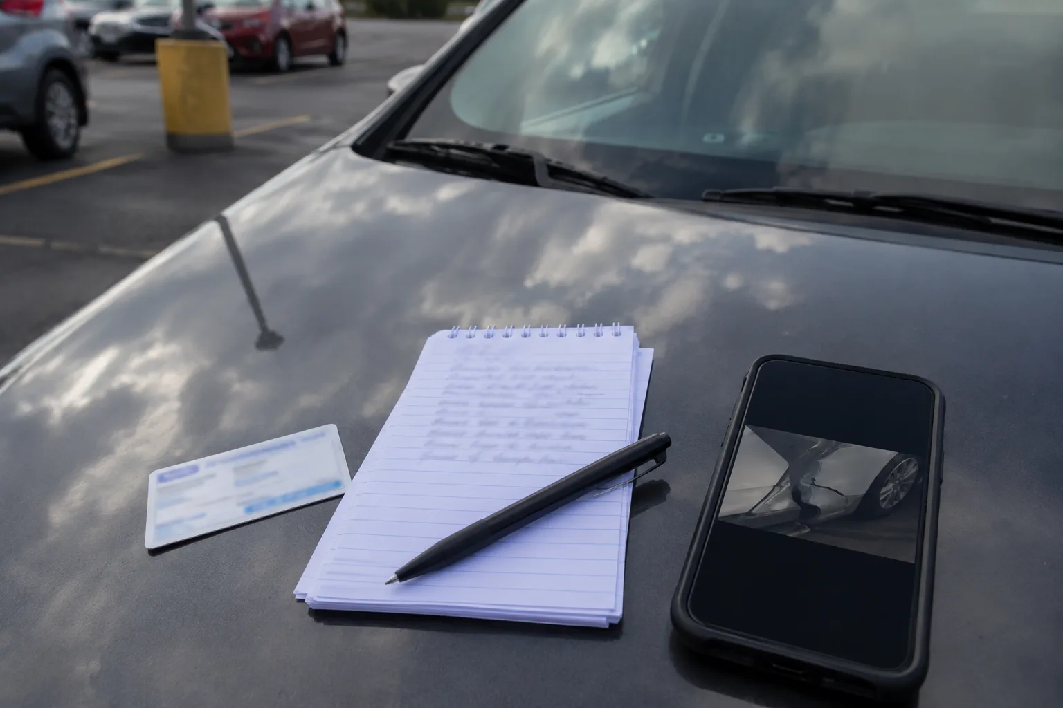 Insurance information and witness notes organized after a parking-lot crash.