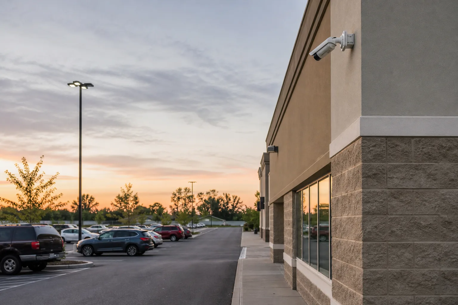 An exterior security camera overlooks an Indiana parking lot.