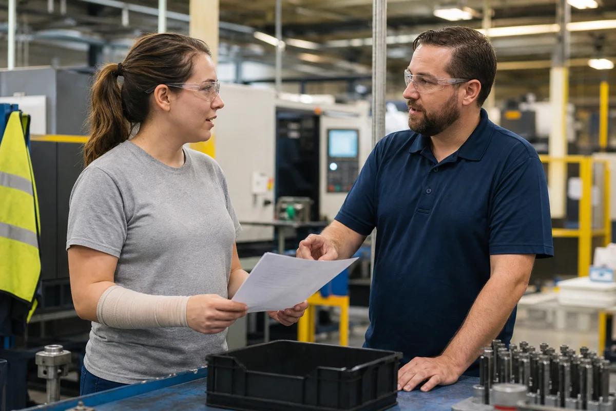 Fort Wayne manufacturing worker discussing written restrictions and wage loss with a supervisor