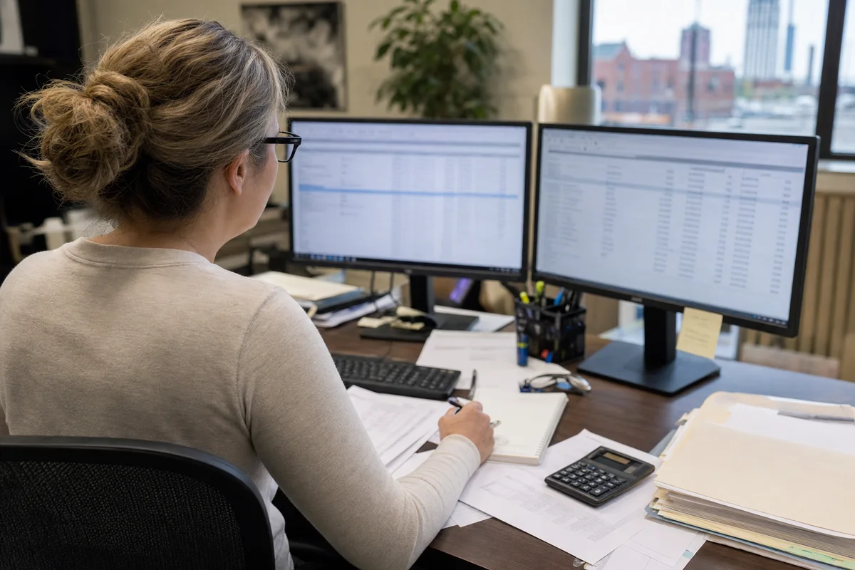 Payroll professional reviewing Indiana workers compensation wage history and benefit calculations