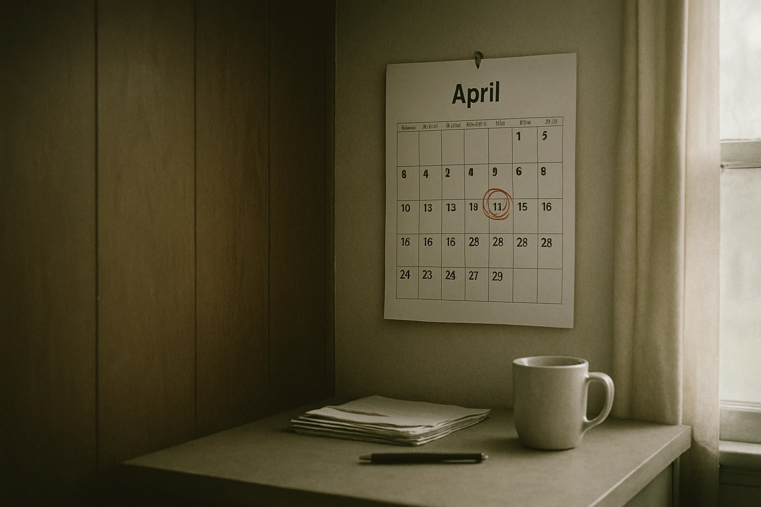 A wall calendar in a Fort Wayne kitchen with a date circled in red marker showing the two-year filing deadline