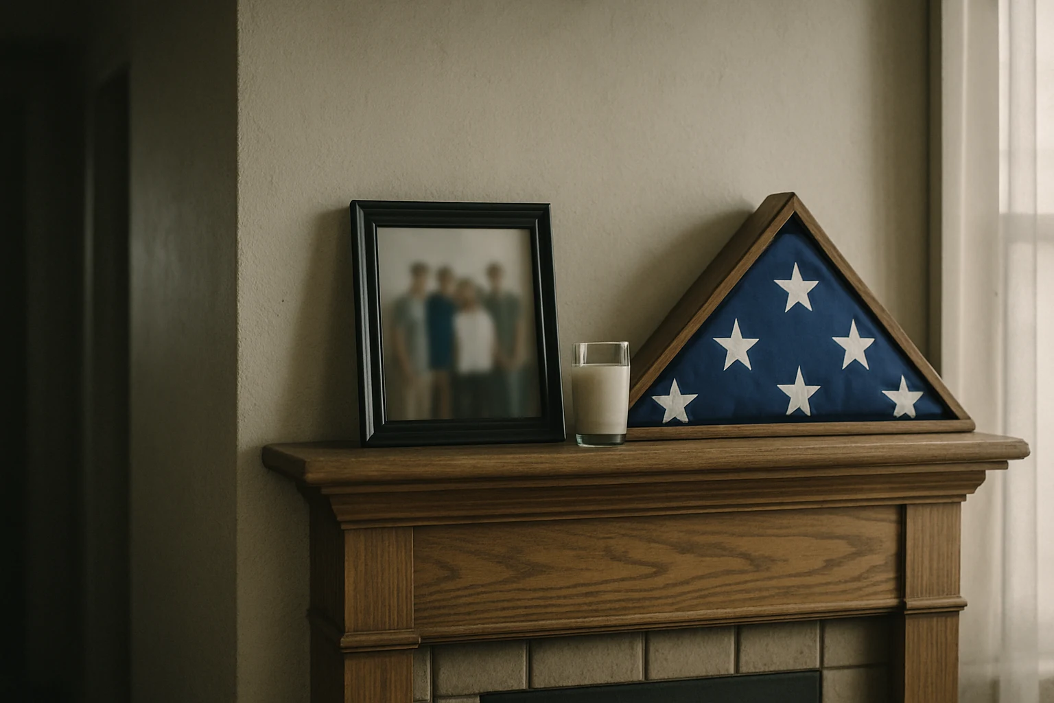 A framed family photograph on a Fort Wayne mantelpiece next to a memorial candle