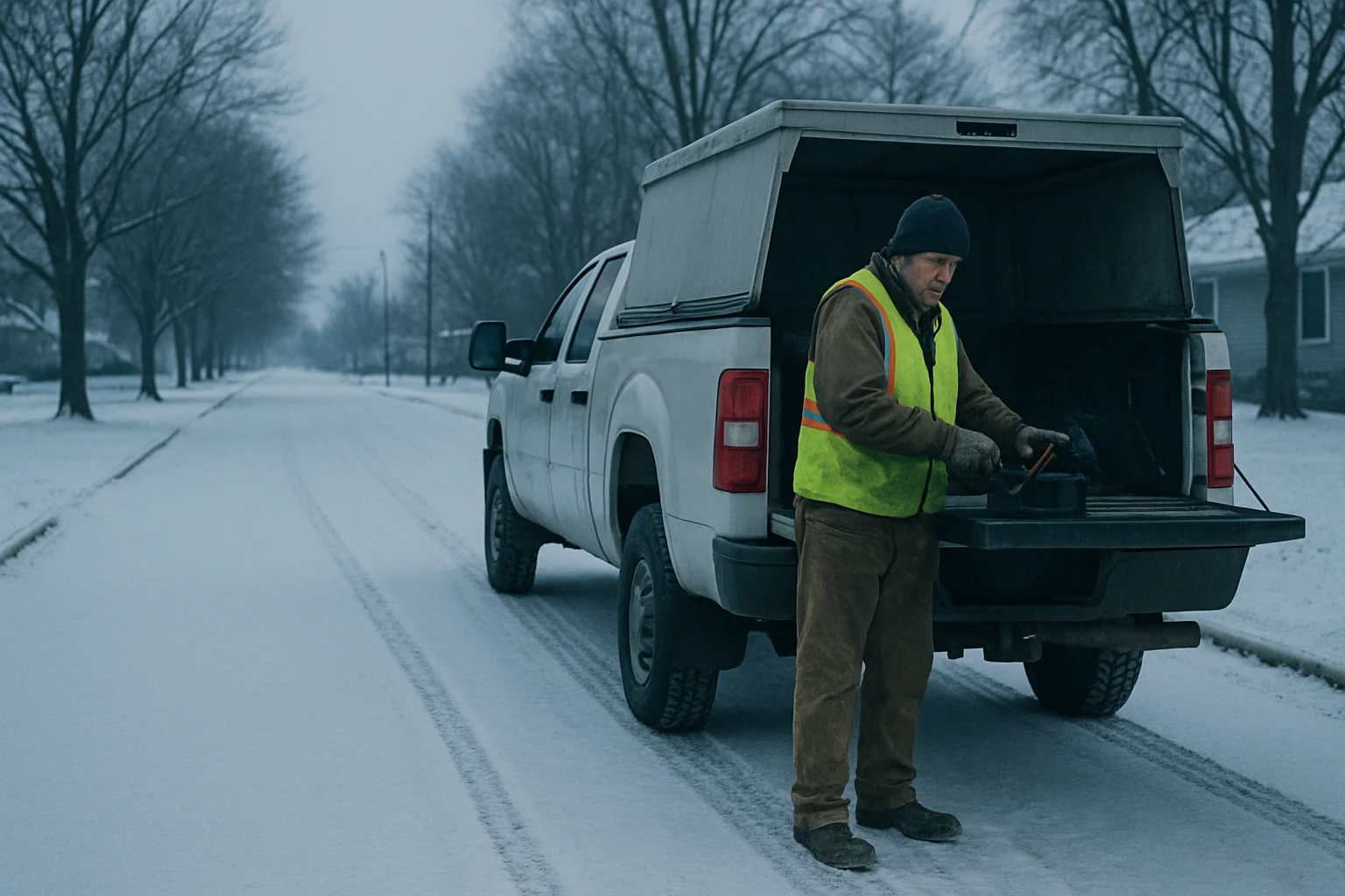 A Fort Wayne city service truck parked on a snowy residential street at dawn