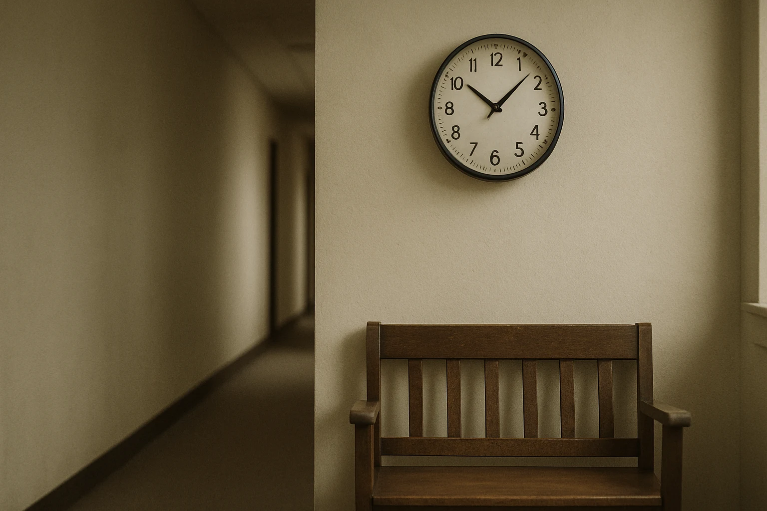 An institutional wall clock in a midwestern law office hallway marking the filing deadline