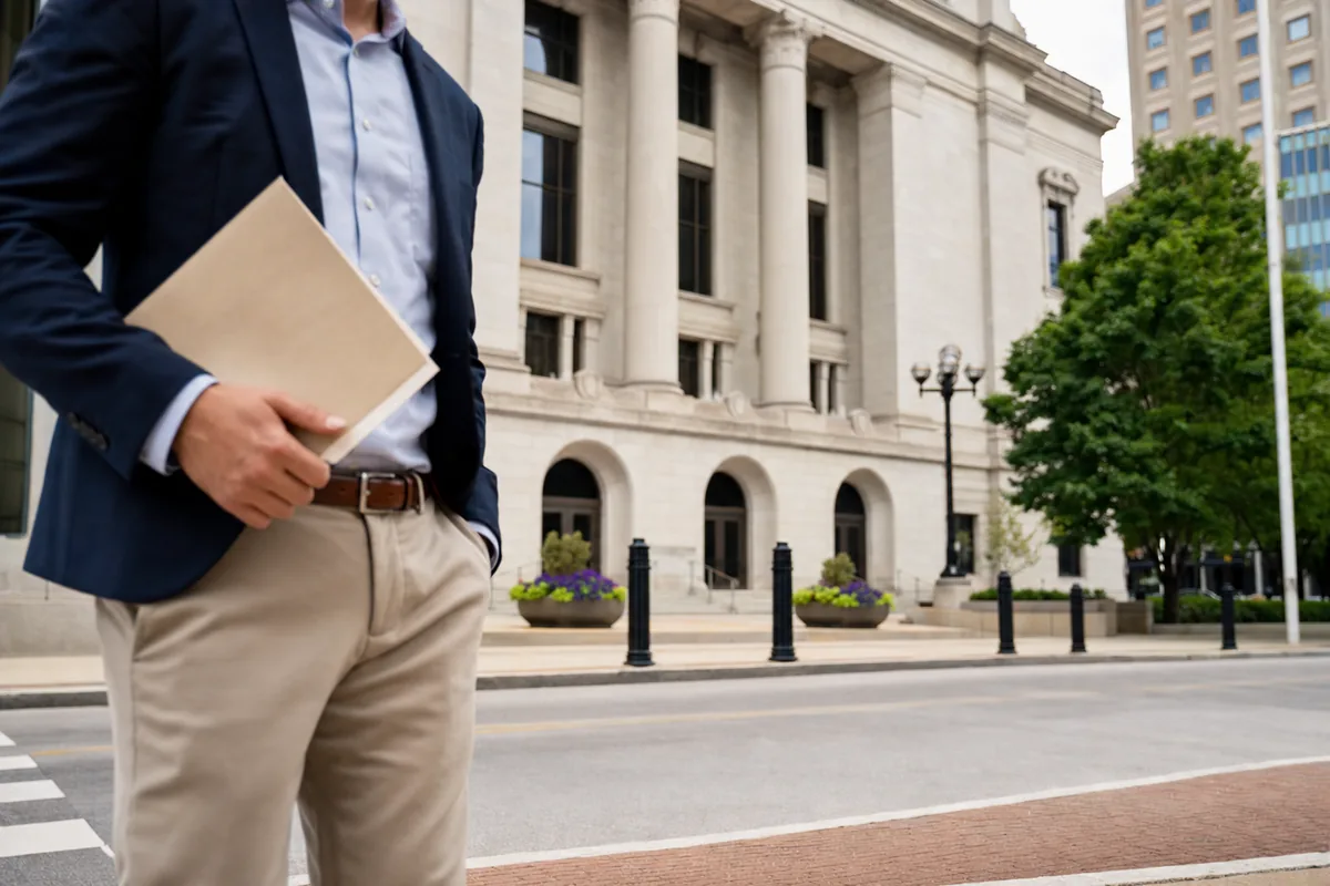 Downtown Fort Wayne courthouse style building and legal deadline folder