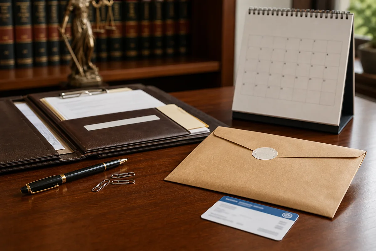 Insurance notice envelope, claim folder, and calendar for an Indiana accident claim
