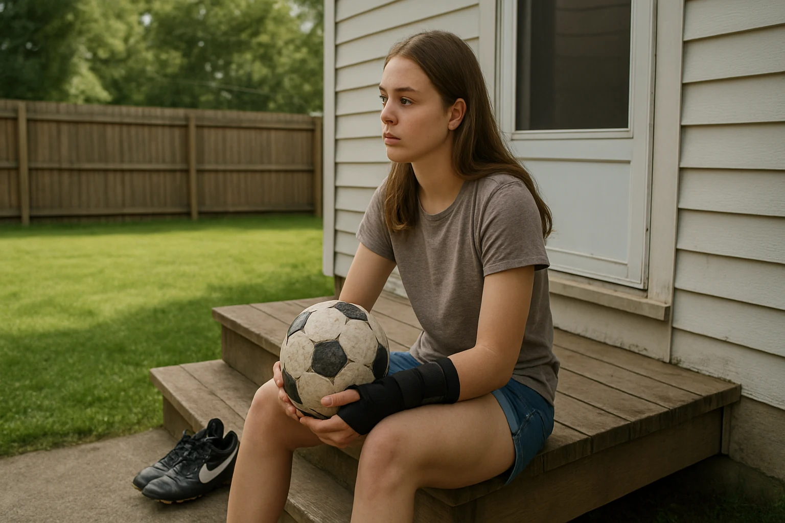 Teenage girl in a wrist brace sitting on a Fort Wayne back porch after a car accident