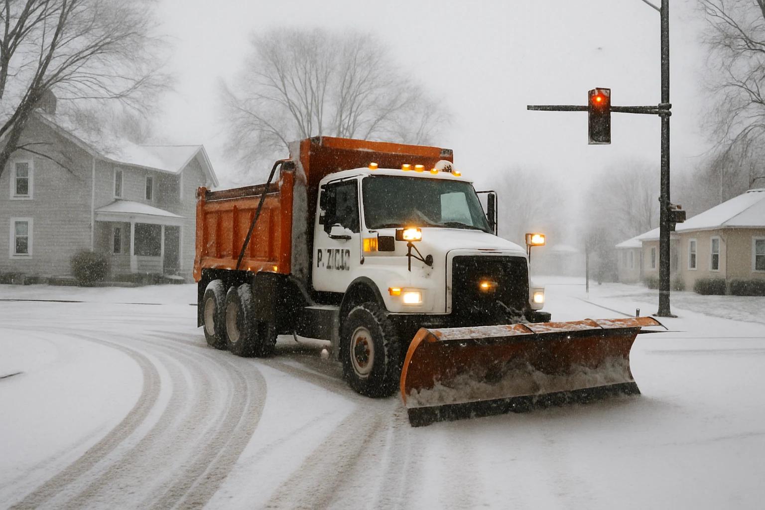 A Fort Wayne city snowplow on a snowy residential intersection at early morning, illustrating Indiana Tort Claims Act notice deadlines