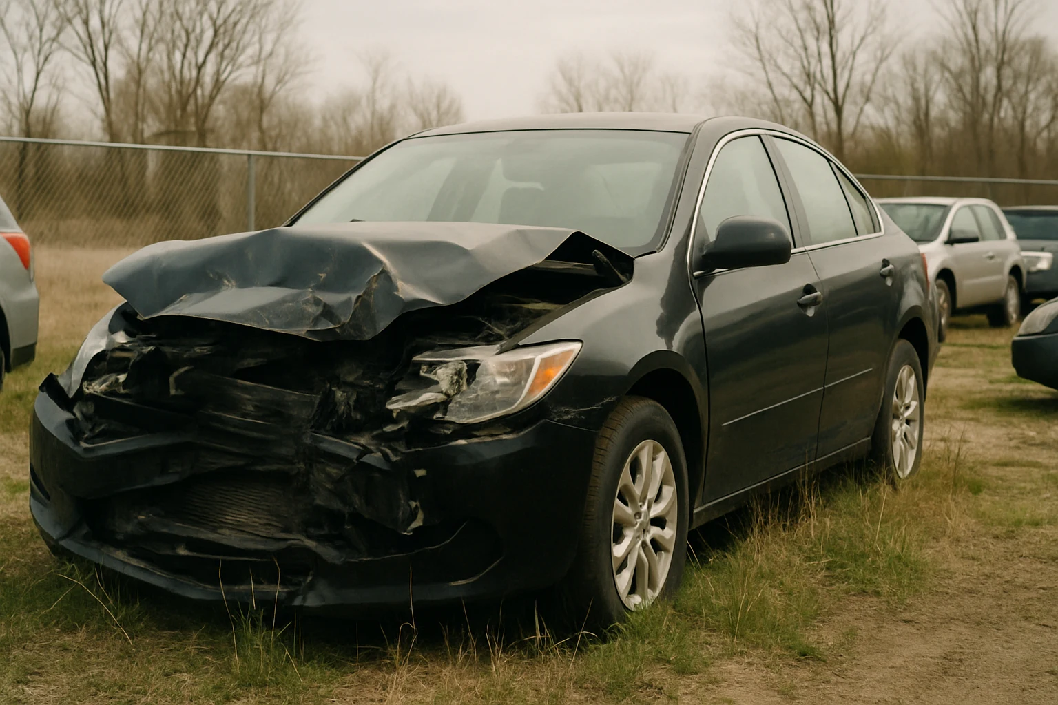 Wrecked sedan abandoned in a rural Indiana tow yard, evidence decaying after a missed statute of limitations