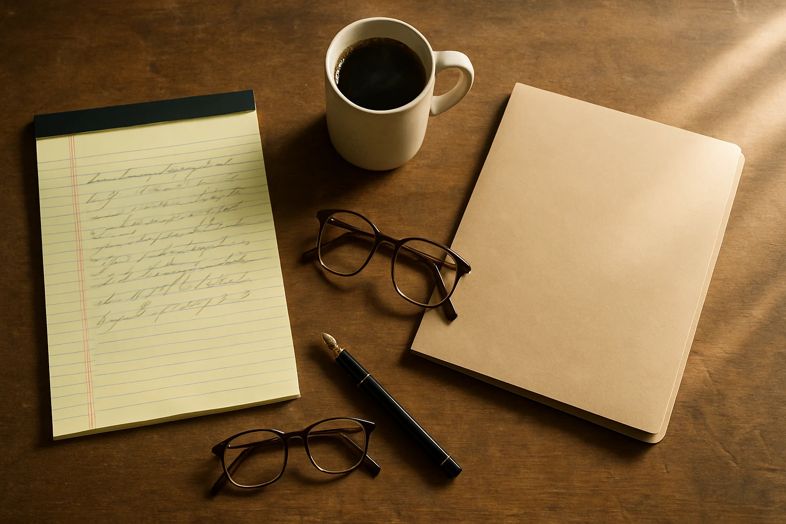 Attorney's desk at Delventhal Law Office in Fort Wayne with a legal pad, manila case folder, and coffee mug