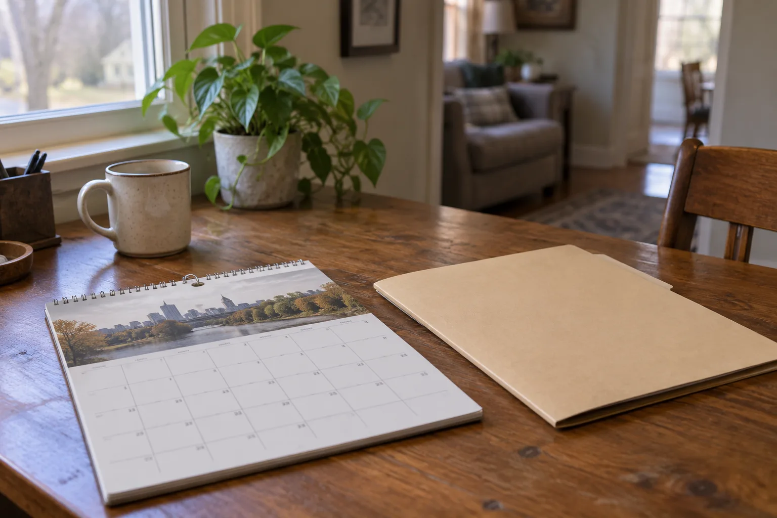 Calendar and records folder arranged on a home desk