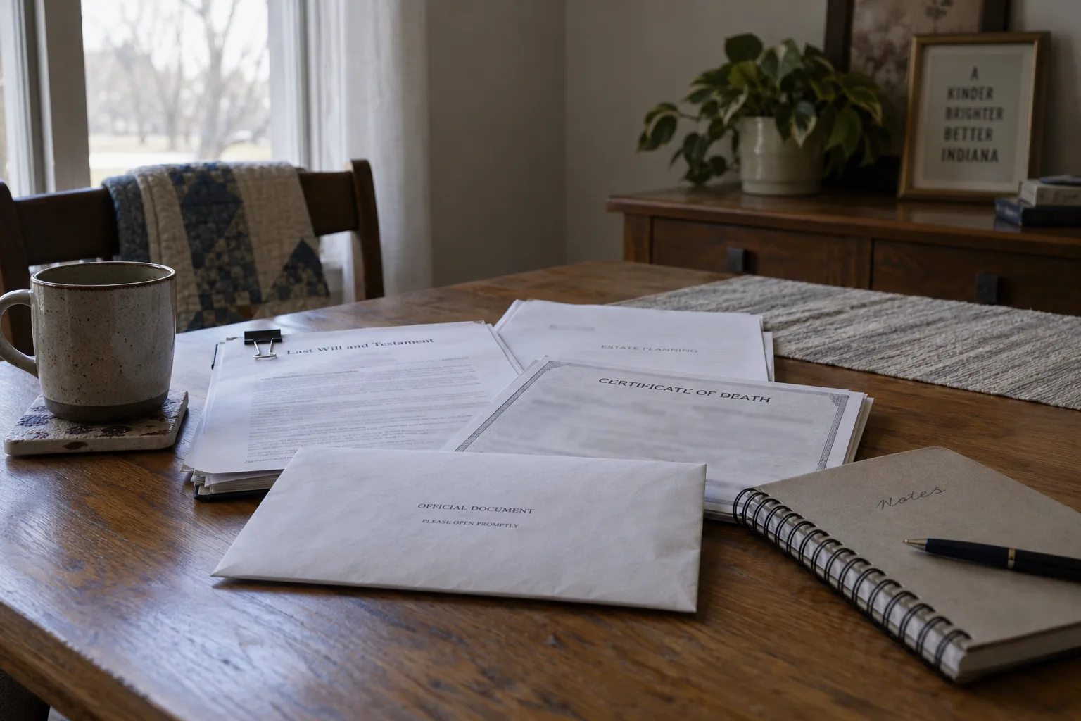 Organized estate papers and notebook on a table