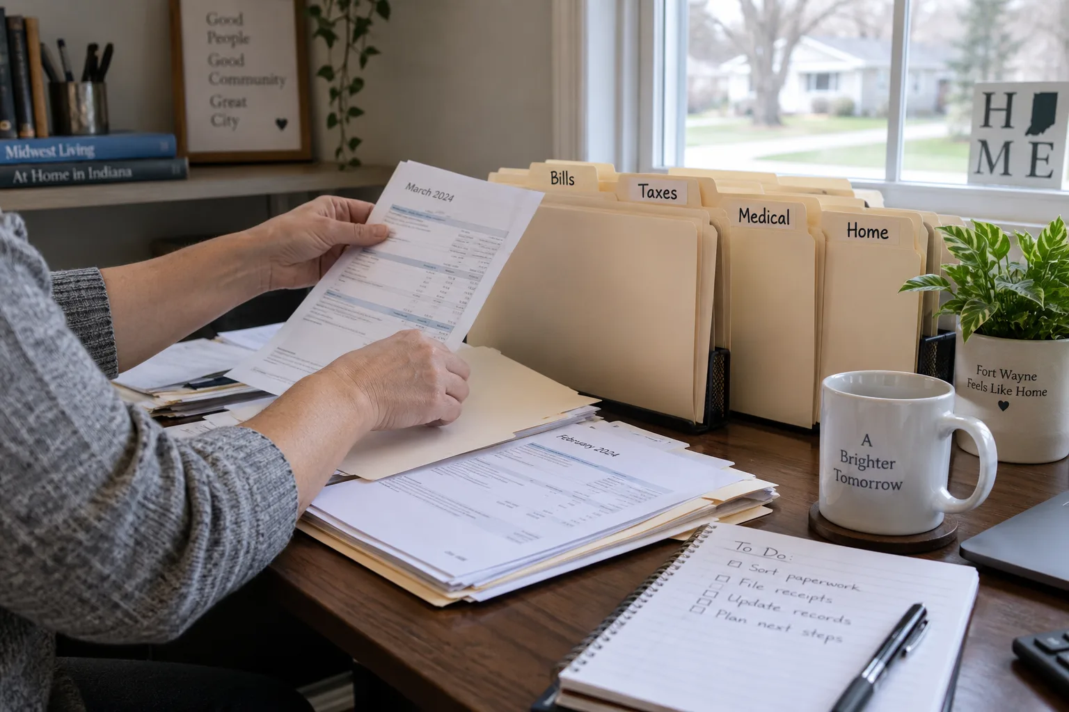 Person organizing dated records into folders at a home office