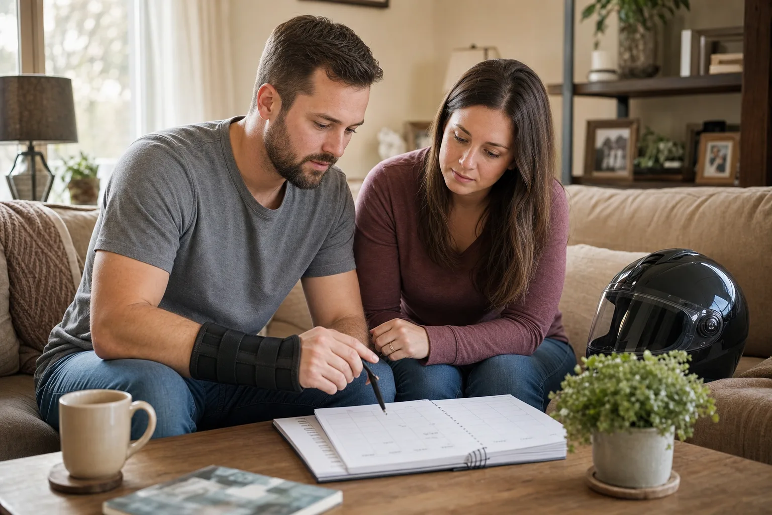 Fort Wayne motorcyclist reviewing a recovery and appointment calendar at home