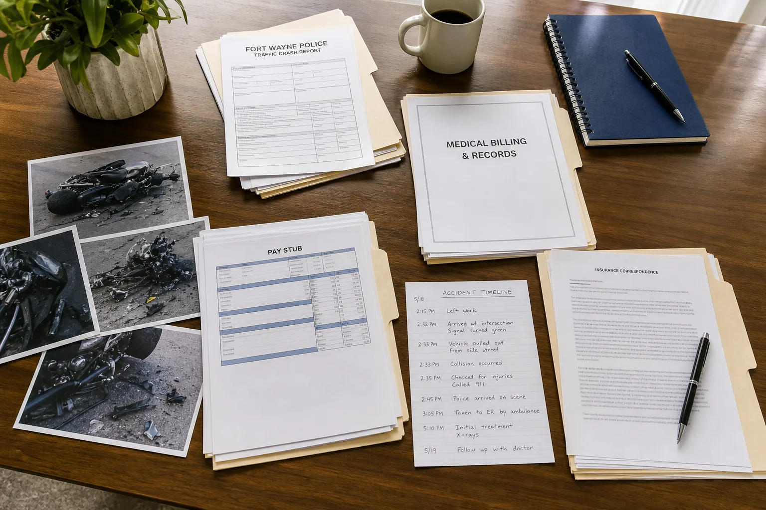 Fort Wayne motorcycle accident claim documents organized on a desk