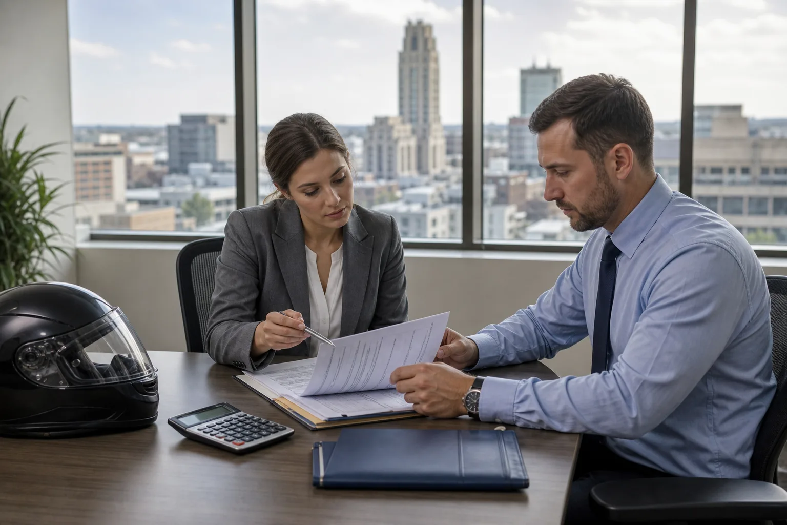 Claims professionals reviewing a motorcycle injury file in a Fort Wayne office
